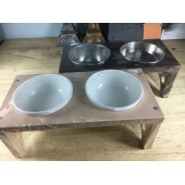 台灣精品~精緻手工原木架+瓷碗或鐵碗(雙口)
